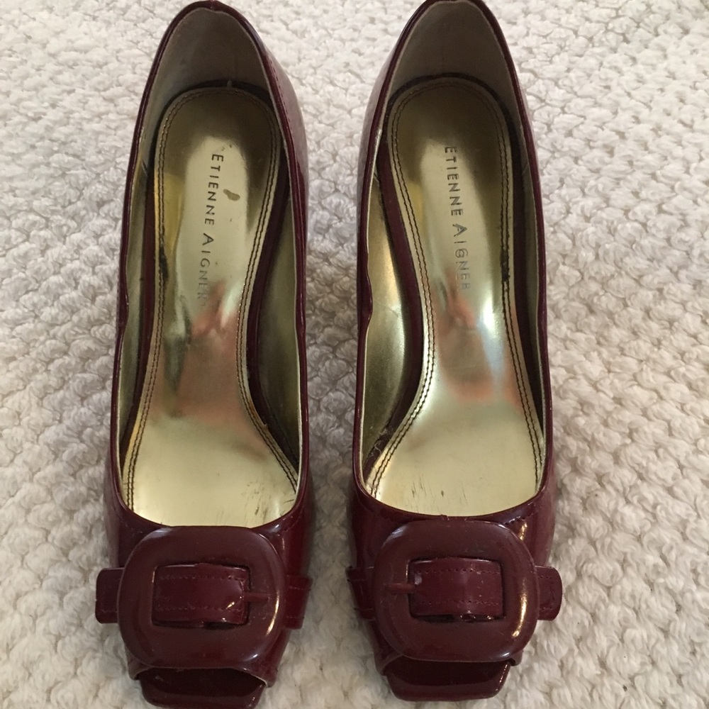 Etienne Aigner Deep Red Patent Leather Peep Toe.